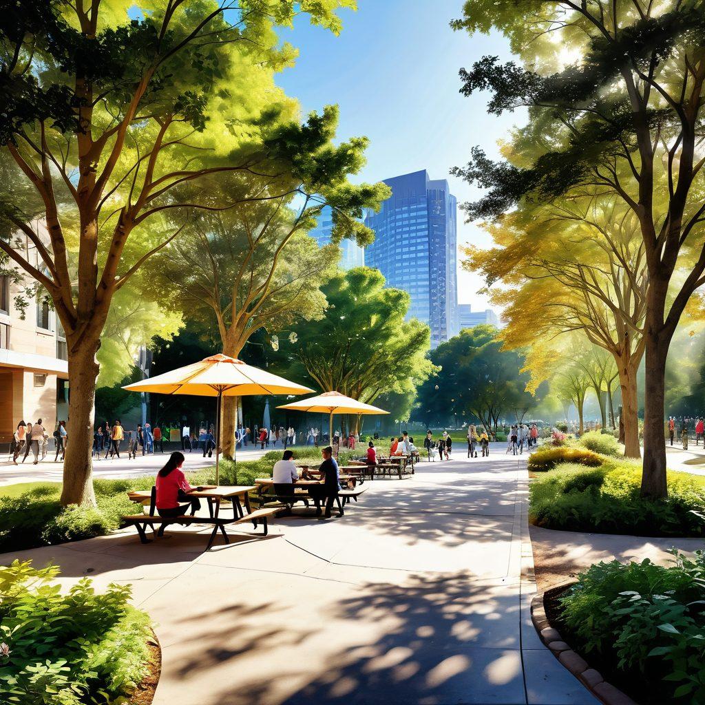 A serene landscape blending nature and urban life, featuring diverse adults engaged in deep conversations in a park-like setting. Include elements symbolizing various lifestyle choices, such as wellness activities, art displays, and healthy food stalls. Soft sunlight filtering through trees, creating a warm and inviting atmosphere for growth and understanding. super-realistic. vibrant colors. harmonious composition.