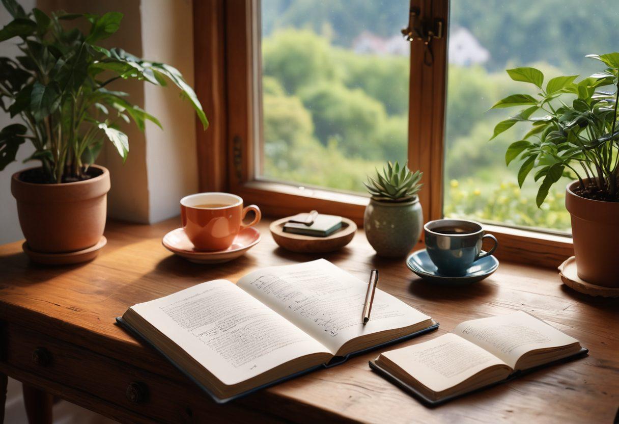 A beautifully arranged lifestyle journal on a wooden desk, featuring elegant handwriting, sketches of adult themes like travel, mindfulness, and personal growth. Soft natural lighting filters through a nearby window, creating a warm, inviting atmosphere. Include decorative elements like a steaming cup of tea, plants, and art supplies, all harmoniously blended into the scene. vivid colors. cozy ambiance. super-realistic.
